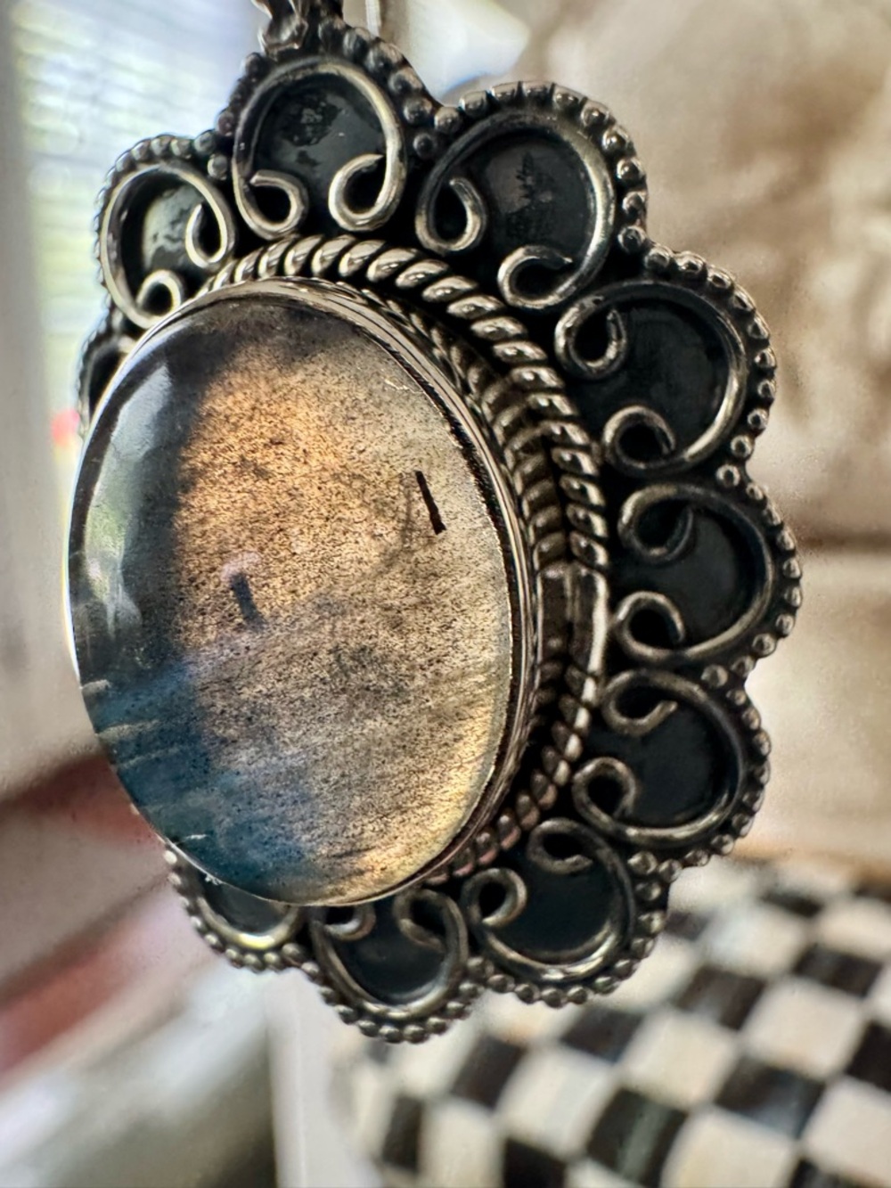 India Large Oval Labradorite Vintage Silver Earrings